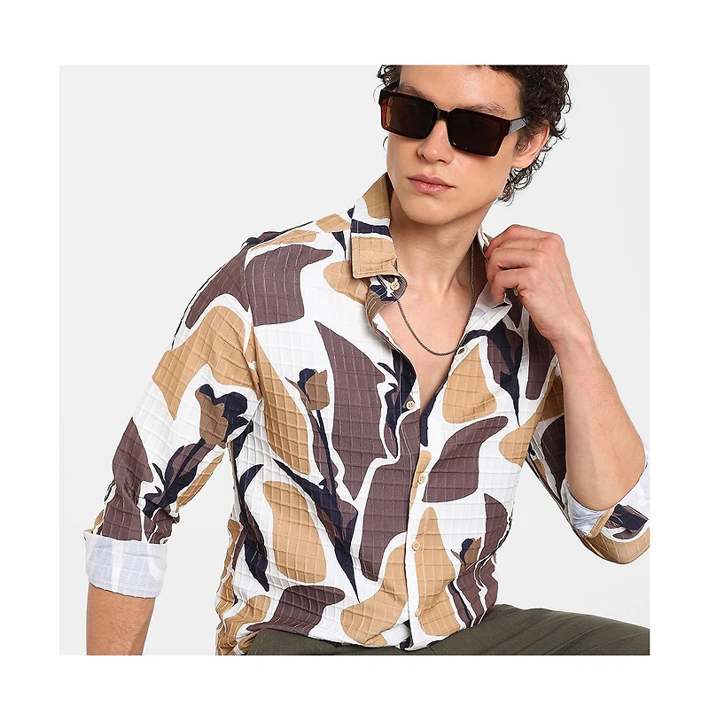 Campus Sutra Men's Taupe Brown & Beige Abstract Tulip Shirt