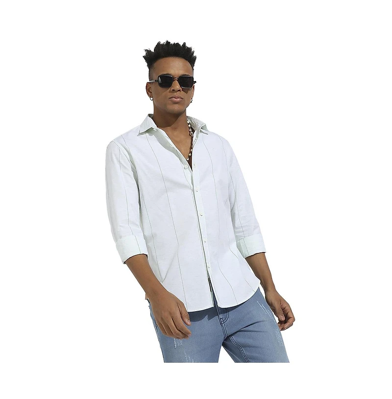 Campus Sutra Men's White Heathered Pinstriped Shirt
