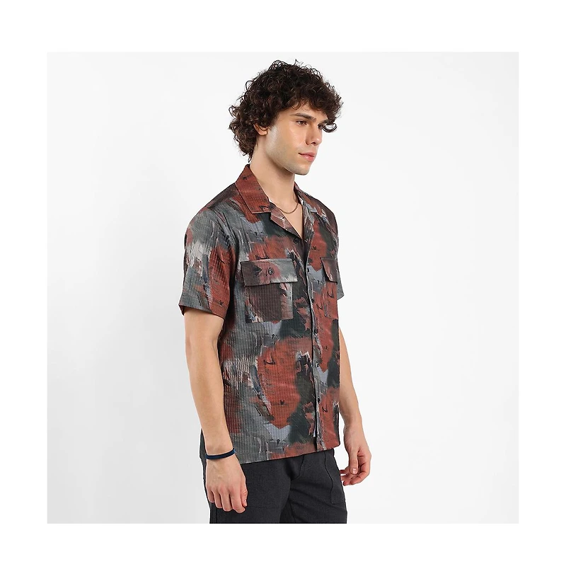 Campus Sutra Men's Chocolate Brown & Midnight Black Abstract Utility Oversized Shirt