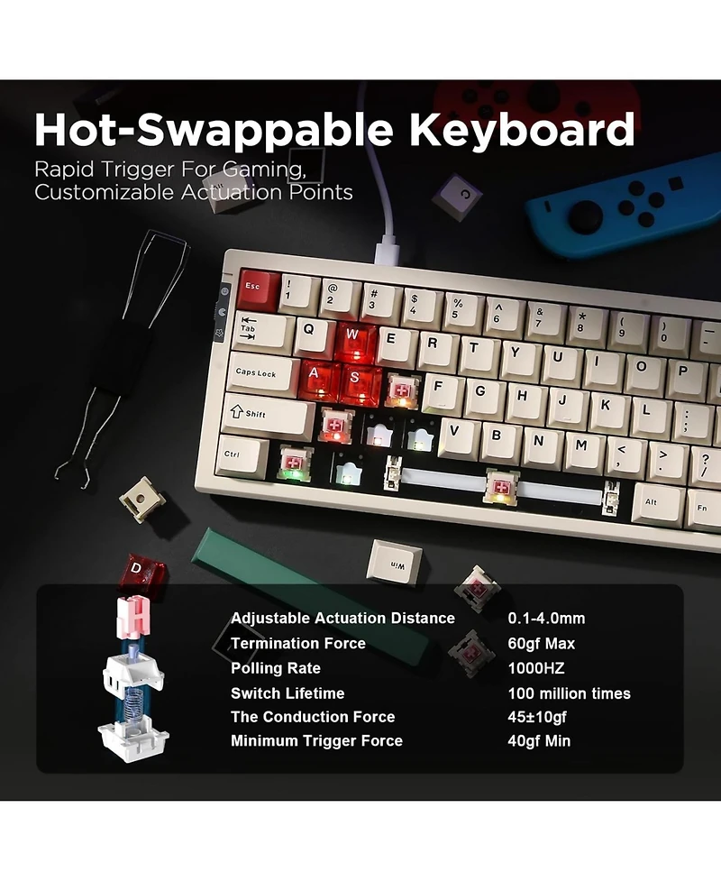 Yunzii RT68 Rapid Trigger Gaming Keyboard,Hall Effect Magnetic Switch,68 Keys,RGB Backlit RGB,Gasket Mount Hot Swap Struture,Adjustable Actuation Tkl
