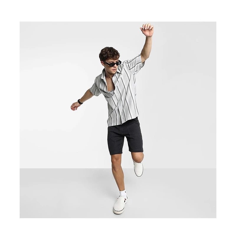 Campus Sutra Men's Ash Grey Unbalanced Striped Shirt