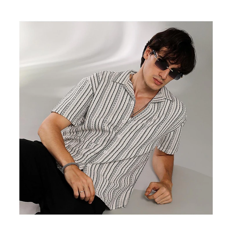 Campus Sutra Men's Off-White & Midnight Black Striped-Weave Oversized Shirt