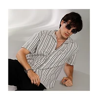 Campus Sutra Men's Off-White & Midnight Black Striped-Weave Oversized Shirt