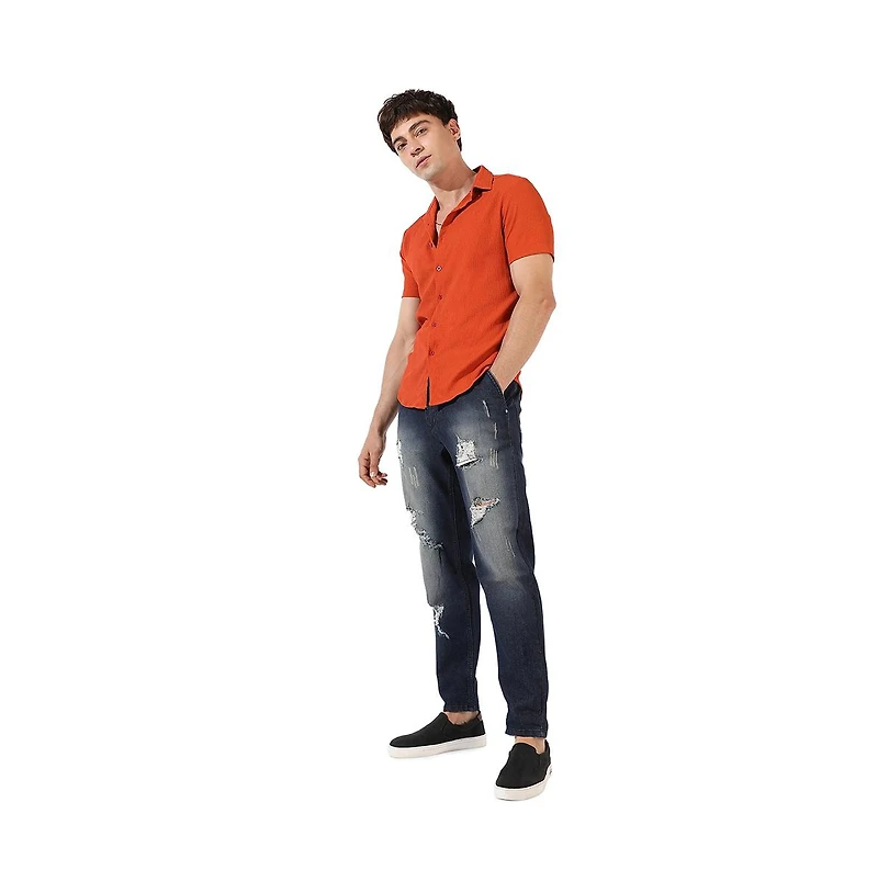 Campus Sutra Men's Burnt Orange Textured Regular Fit Casual Shirt