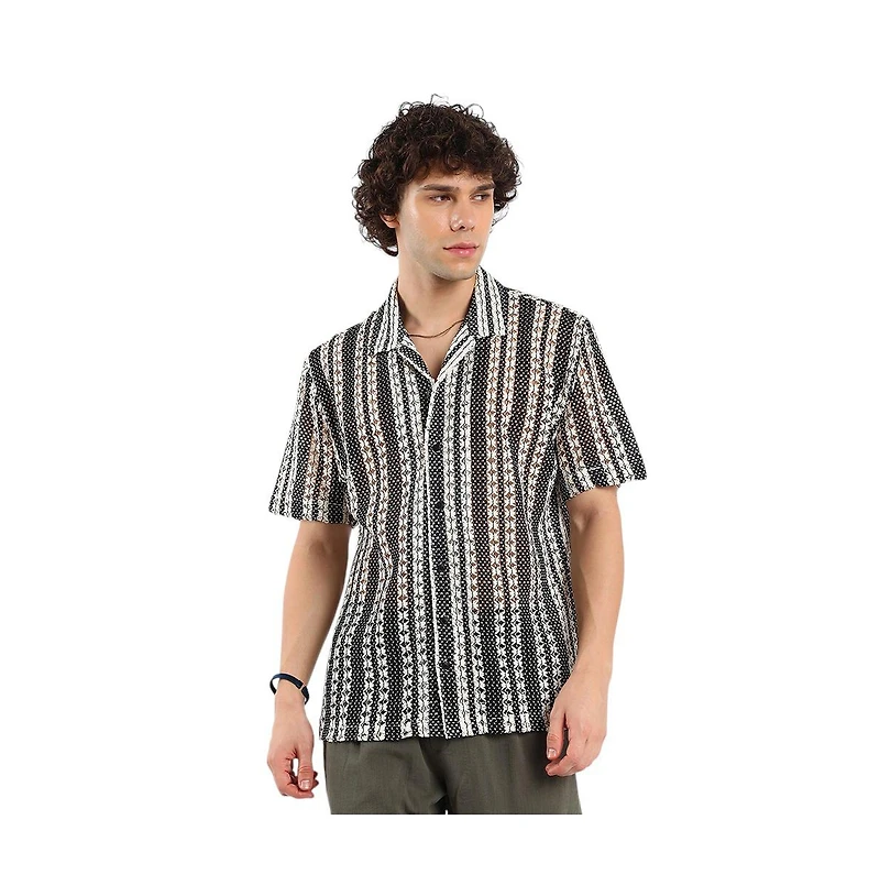 Campus Sutra Men's Cream White & Midnight Black Multitrack Knit Oversized Shirt