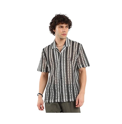 Campus Sutra Men's Cream White & Midnight Black Multitrack Knit Oversized Shirt