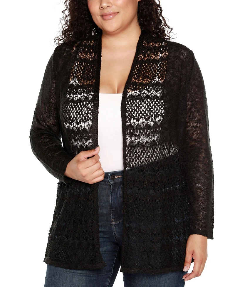 Belldini Plus Open-Front Pointelle-Trim Cardigan Sweater