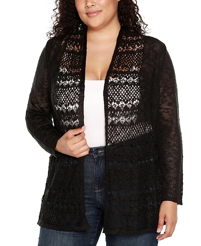 Belldini Plus Open-Front Pointelle-Trim Cardigan Sweater