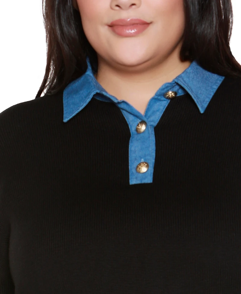 Belldini Plus Denim-Trim Two-Fer Sweater