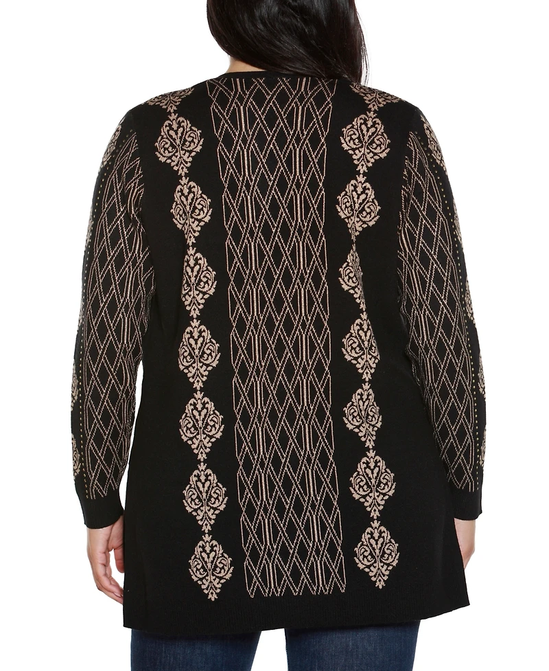 Belldini Plus Lurex Jacquard Open-Front Cardigan Sweater