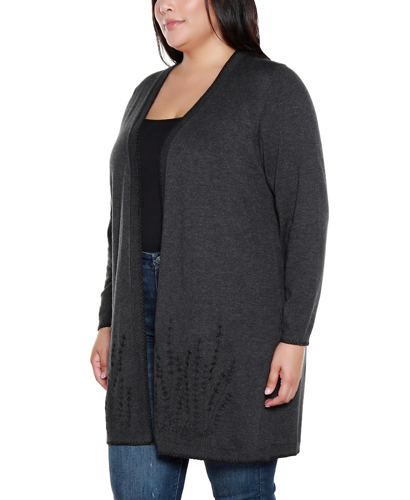 Belldini Plus Embroidered Open-Front Cardigan Sweater