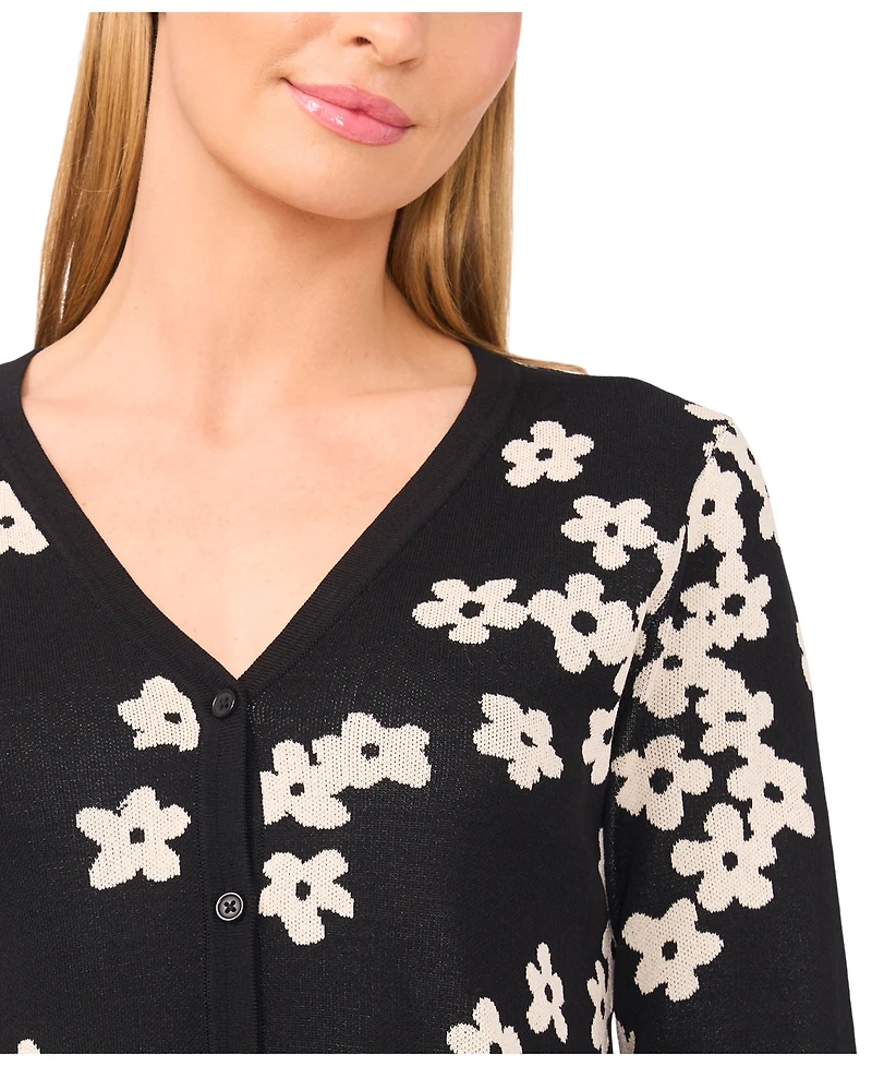 CeCe Women's Flower Jacquard Cardigan Sweater