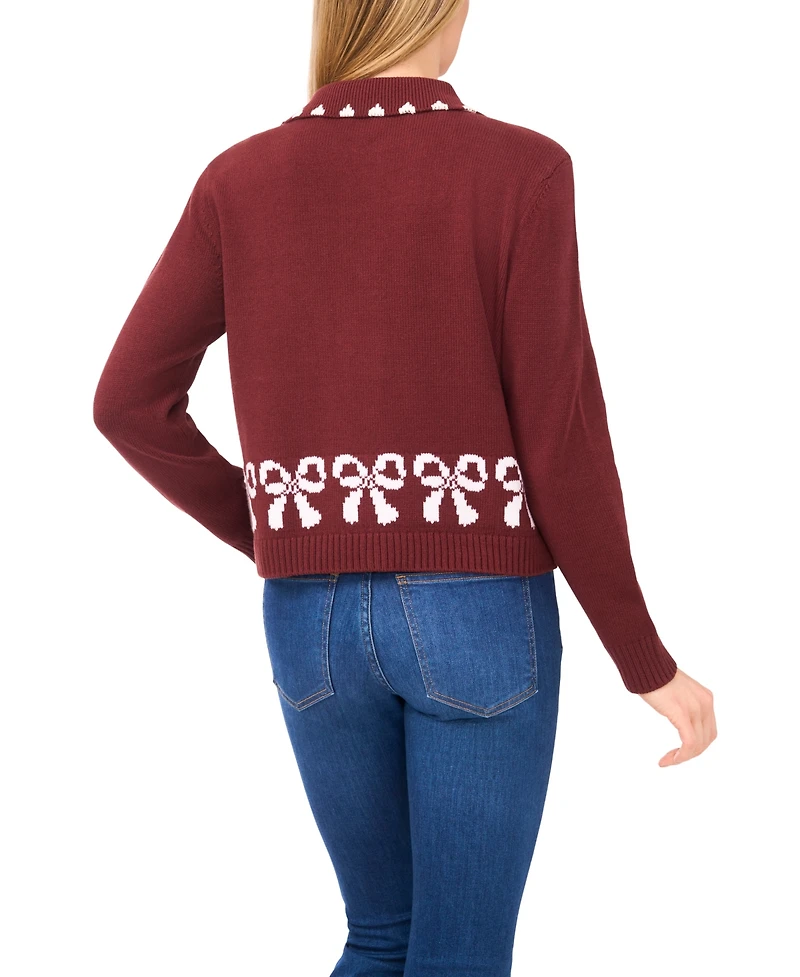 CeCe Women's Ribbon Jacquard Collared Cardigan Sweater