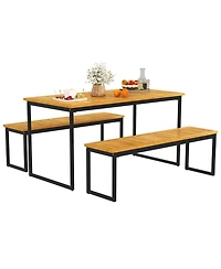 Gymax 3 Pcs Outdoor Dining Set for 6 w/Acacia Wood Tabletop Metal Frame Umbrella Hole