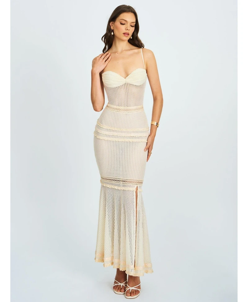 Miss Circle Women's Pallas Beige Lace Trim Crochet Mermaid Maxi Dress