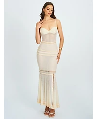 Miss Circle Women's Pallas Beige Lace Trim Crochet Mermaid Maxi Dress