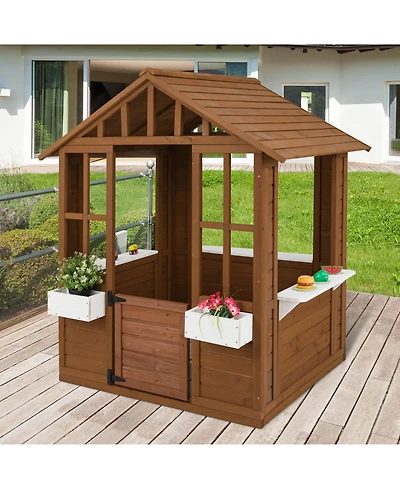 Costway Outdoor Playhouse Wood Adventures Cottage with Serving Stations & Door
