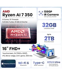 Hp OmniBook 16" Premium Traditional Laptop Amd Ryzen Ai 7 350 32GB Ram Amd Radeon Graphics 1TB Ssd Storage Windows 11 Home Fhd+ 60Hz - Silver