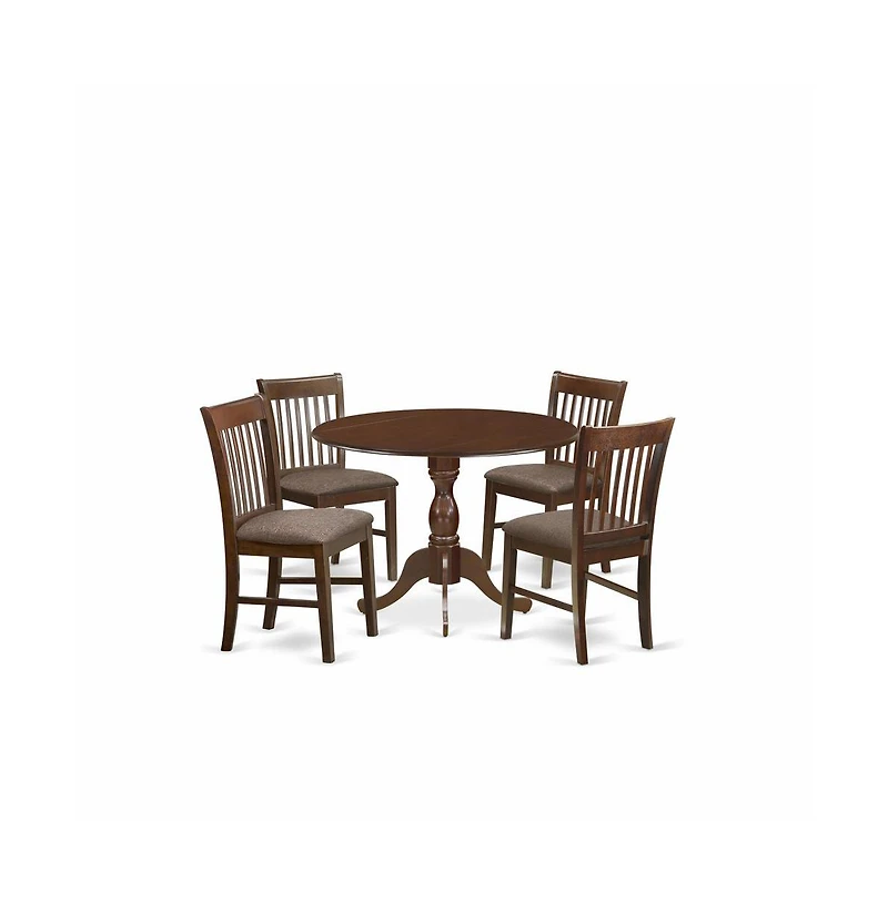 East West Furniture 5 Piece Dining Room Table Set - Mahogany Modern Dining Table with 4 Mahogany Linen Fabric Kitchen Chairs with Slatted Back