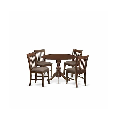 East West Furniture 5 Piece Dining Room Table Set - Mahogany Modern Dining Table with 4 Mahogany Linen Fabric Kitchen Chairs with Slatted Back