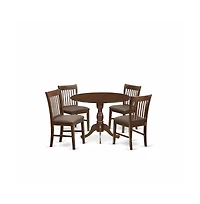 East West Furniture 5 Piece Dining Room Table Set - Mahogany Modern Dining Table with 4 Mahogany Linen Fabric Kitchen Chairs with Slatted Back