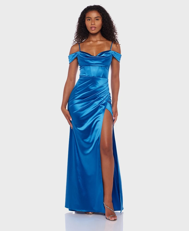 B Darlin Juniors' Cowl-Neck High-Slit Corset Gown, Created for Macy's