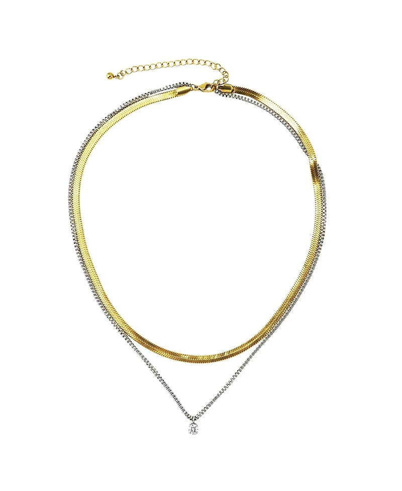 Rebl Jewelry Gold & Silver Layered Necklace with Cz Pendant, Snake and Box Chain with Adjustable Length
