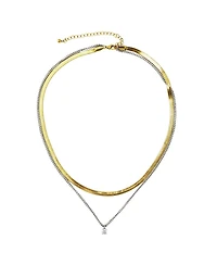 Rebl Jewelry Gold & Silver Layered Necklace with Cz Pendant, Snake and Box Chain with Adjustable Length
