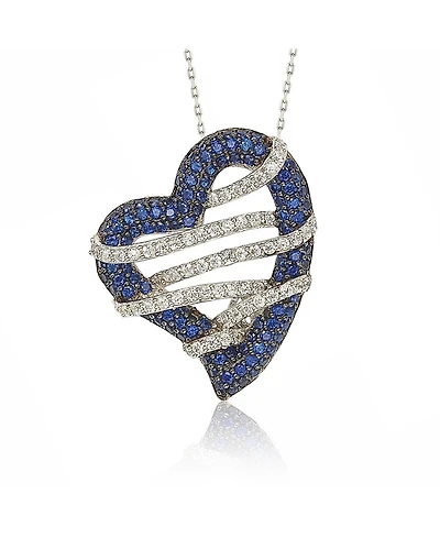 Suzy Levian New York Sterling Silver Sapphire & Created White Wrapped Open Heart Love Pendant Necklace
