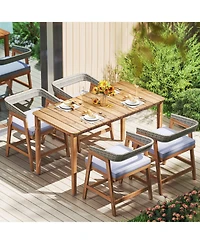 Gymax 5PCS Patio Dining Set Solid Wood Furniture w/ Rattan Backrest & Seat Cushions