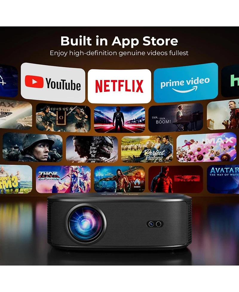 Elephas 4K Projector with Wifi and Bluetooth, Outdoor Movie Projector with Netflix/Prime Video/YouTube Built-in, 100,000+ Apps Supported
