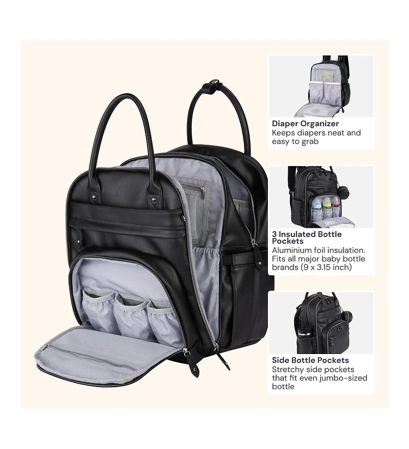 BabbleRoo Premium Faux Leather Diaper Bag Backpack Spacious & Stylish Nappy Organizer Light Brown