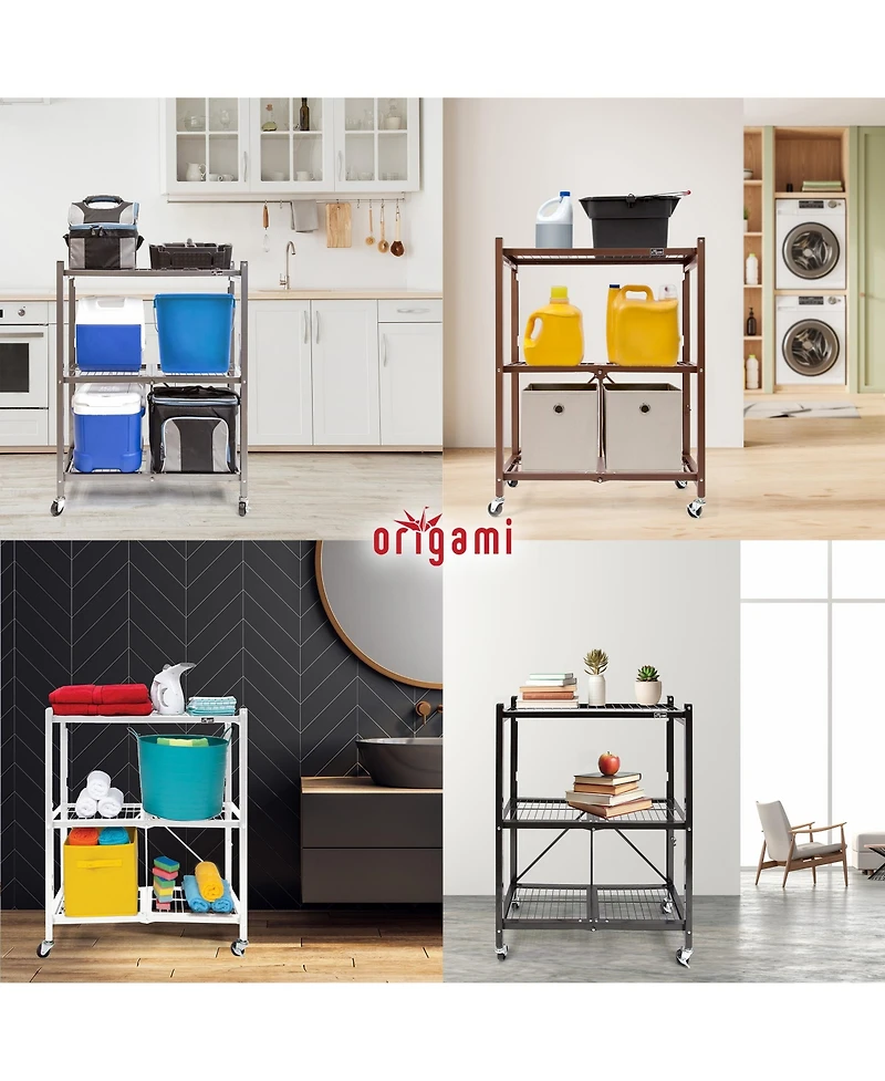 Origami R3 Foldable 3-Tiered Shelf Storage Rack & Wheels, Pewter (2 Pack)