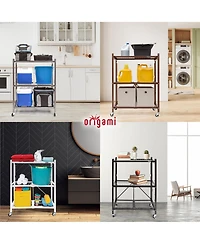 Origami R3 Foldable 3-Tiered Shelf Storage Rack & Wheels, Pewter (2 Pack)