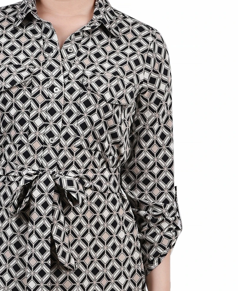Ny Collection Petite Geometric Printed Long Sleeve Roll Tab Shirtdress