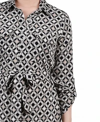 Ny Collection Petite Geometric Printed Long Sleeve Roll Tab Shirtdress