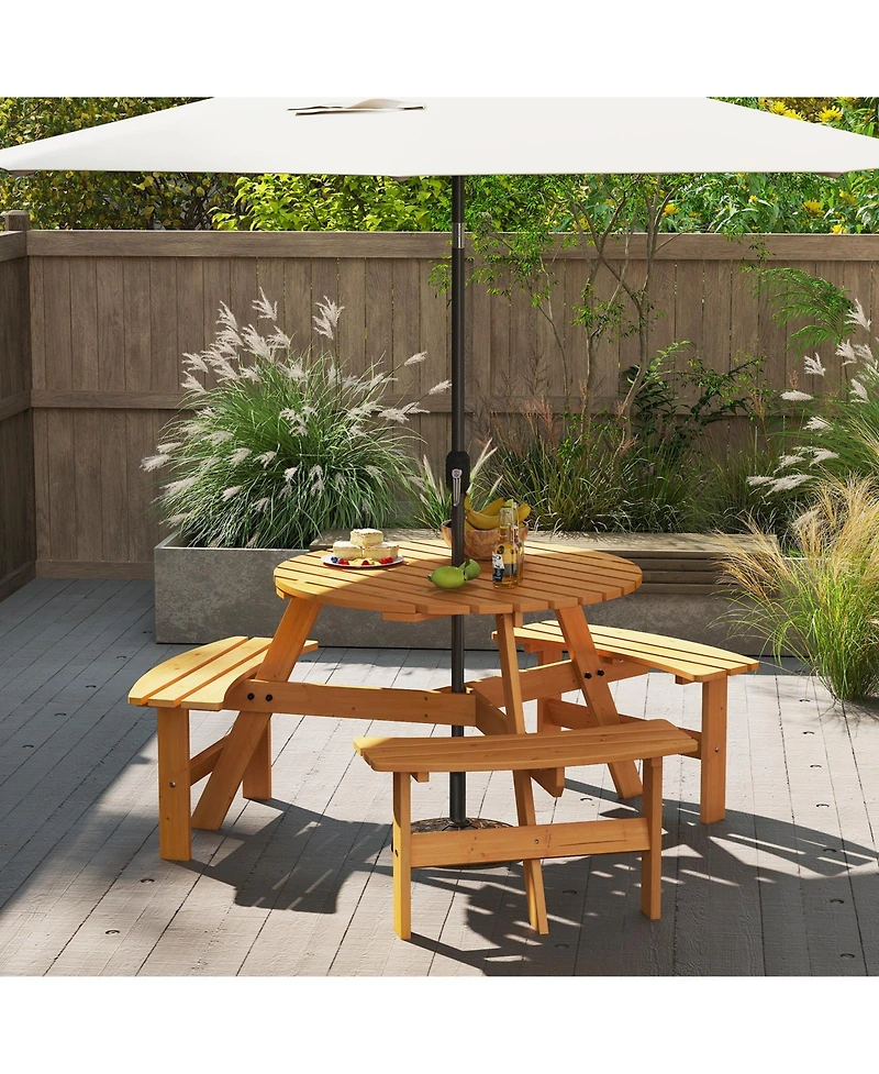 Gymax 6-Person Round Picnic Table Set w/ 3 Built-in Benches 2'' Umbrella Hole