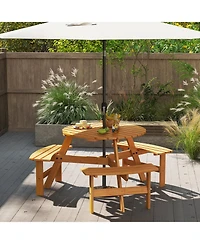 Gymax 6-Person Round Picnic Table Set w/ 3 Built-in Benches 2'' Umbrella Hole