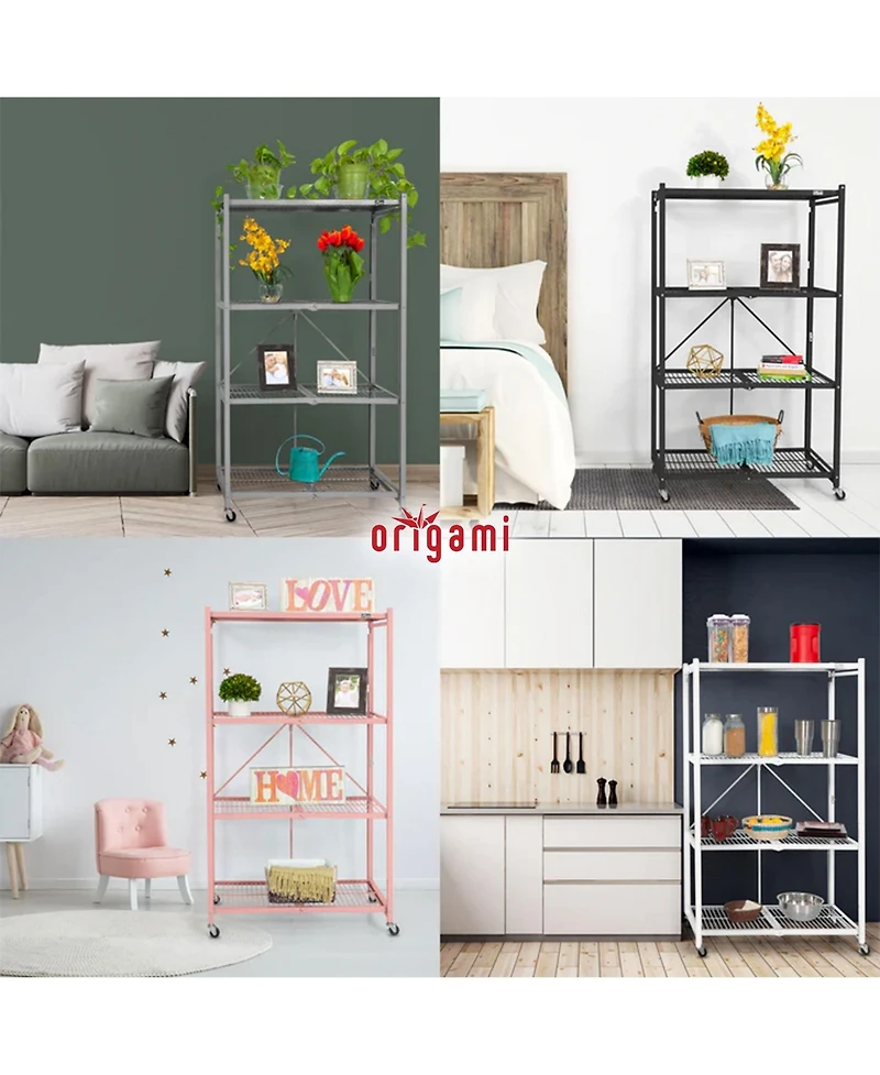 Origami Wheeled 4-Shelf Folding Steel Wire Shelving, White (21" x 36" x 60")