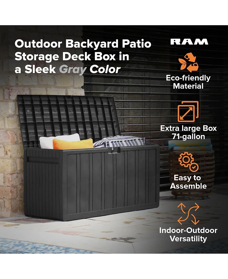 Ram Quality Products Outdoor Backyard Patio Storage Deck Box, 71 Gallon, Gray