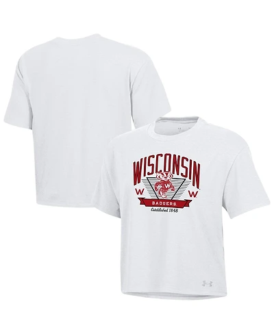 Under Armour Women's White Wisconsin Badgers Essentials Icon Ultra-Soft Tri-Blend Boxy Cropped T-Shirt