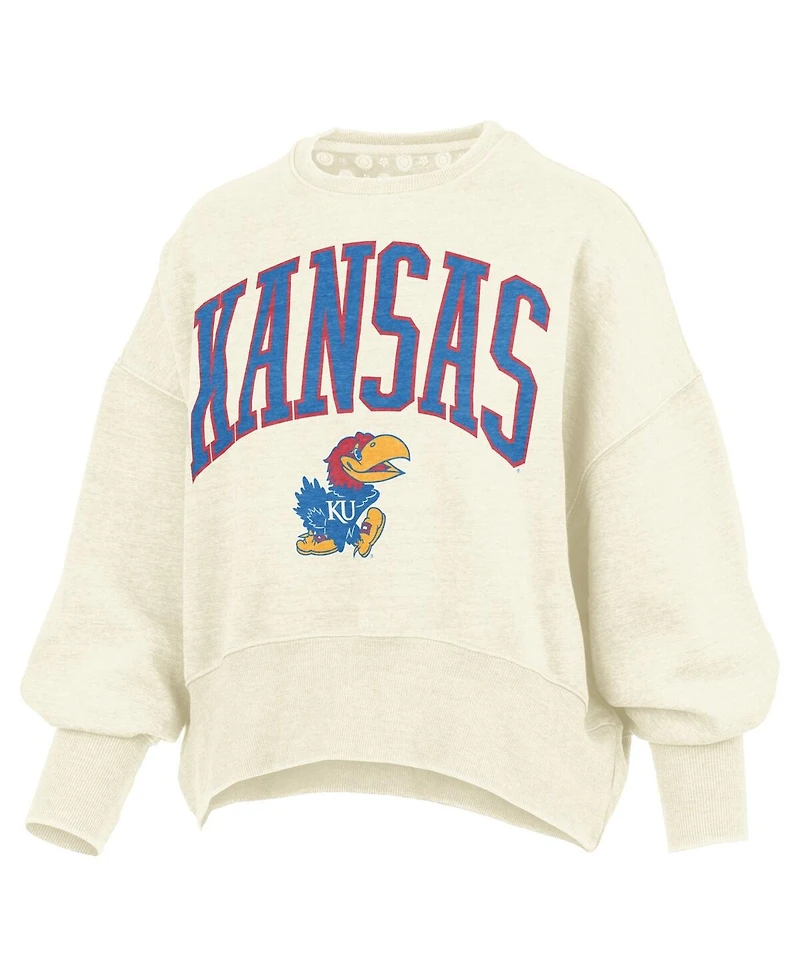 Pressbox Women's Natural Kansas Jayhawks Oversized Waist-Length Crewneck Sweatshirt