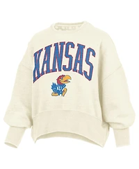 Pressbox Women's Natural Kansas Jayhawks Oversized Waist-Length Crewneck Sweatshirt