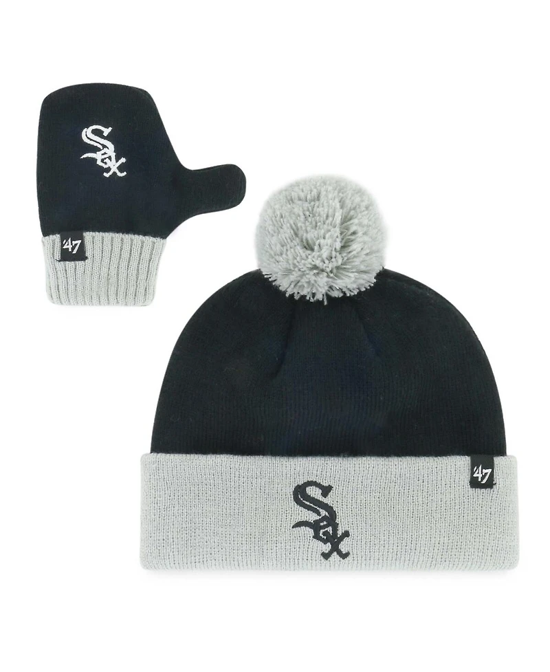 '47 Brand Toddler Black Chicago White Sox Bam Bam Cuffed Knit Pom with Hat and Mittens Set