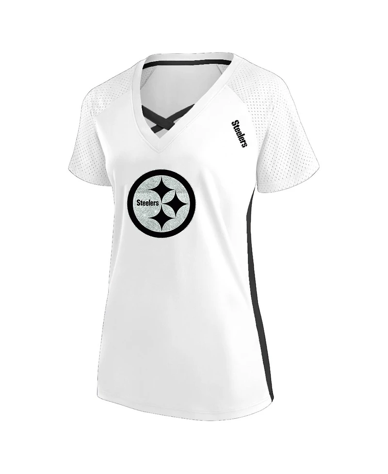 Fanatics Women's White Pittsburgh Steelers Plus Size Glitter Lace-Up V-Neck T-Shirt