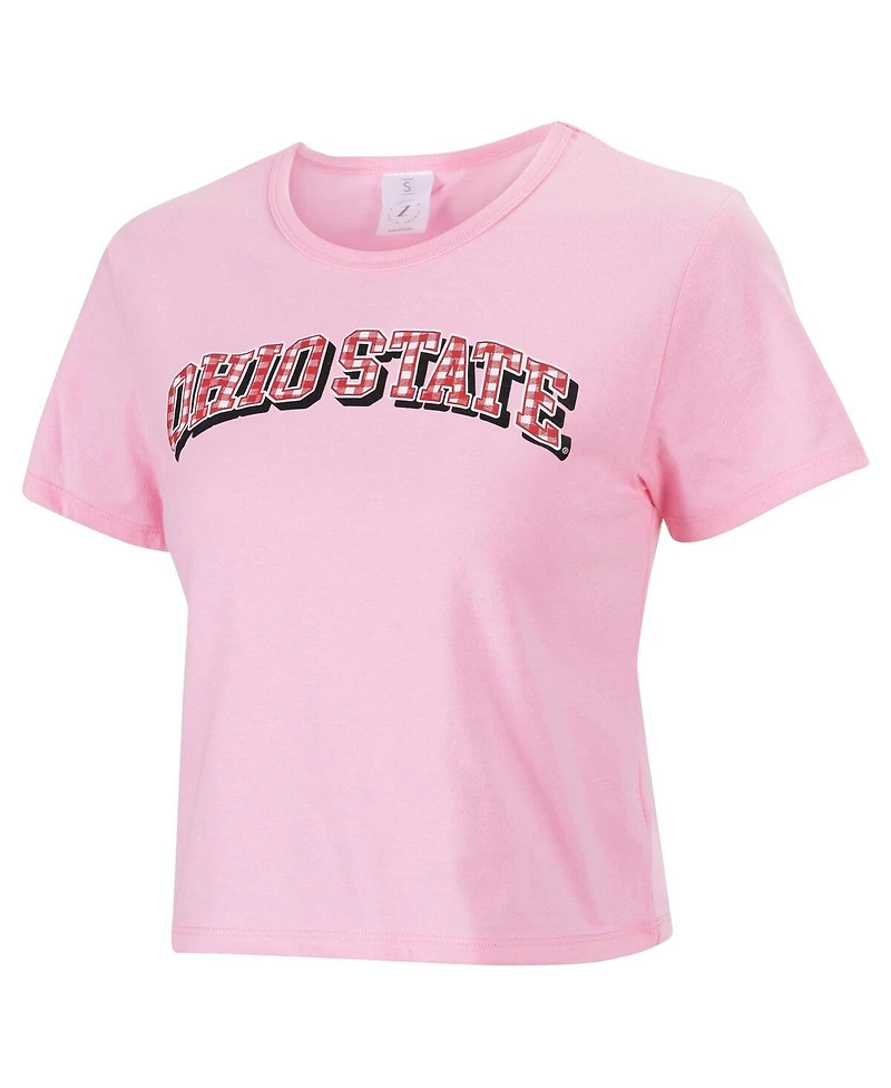 ZooZatz Women's Pink Ohio State Buckeyes Gingham Logo Cropped T-Shirt