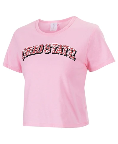ZooZatz Women's Pink Ohio State Buckeyes Gingham Logo Cropped T-Shirt