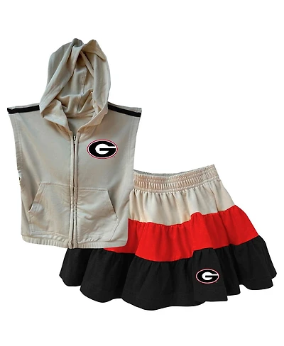 Wes & Willy Girls Toddler 2-Piece Tan Georgia Bulldogs Tri-Blend Sleeveless Full zip Hoodie and Tiered Skirt Set