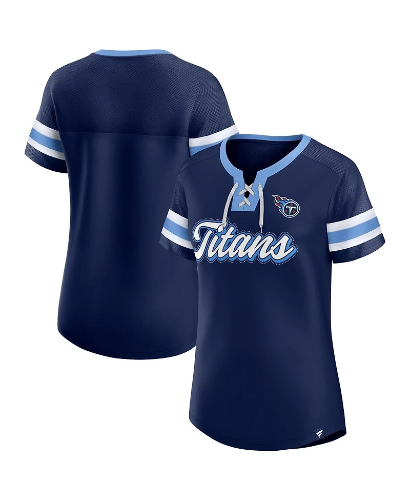 Fanatics Women's Navy Tennessee Titans True Catch Iconic Rhinestone Bling Athena Lace-Up T-Shirt