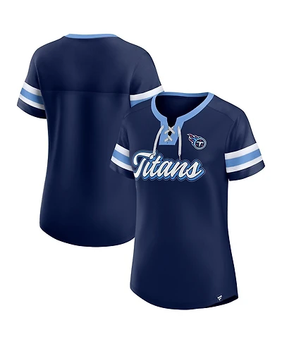 Fanatics Women's Navy Tennessee Titans True Catch Iconic Rhinestone Bling Athena Lace-Up T-Shirt